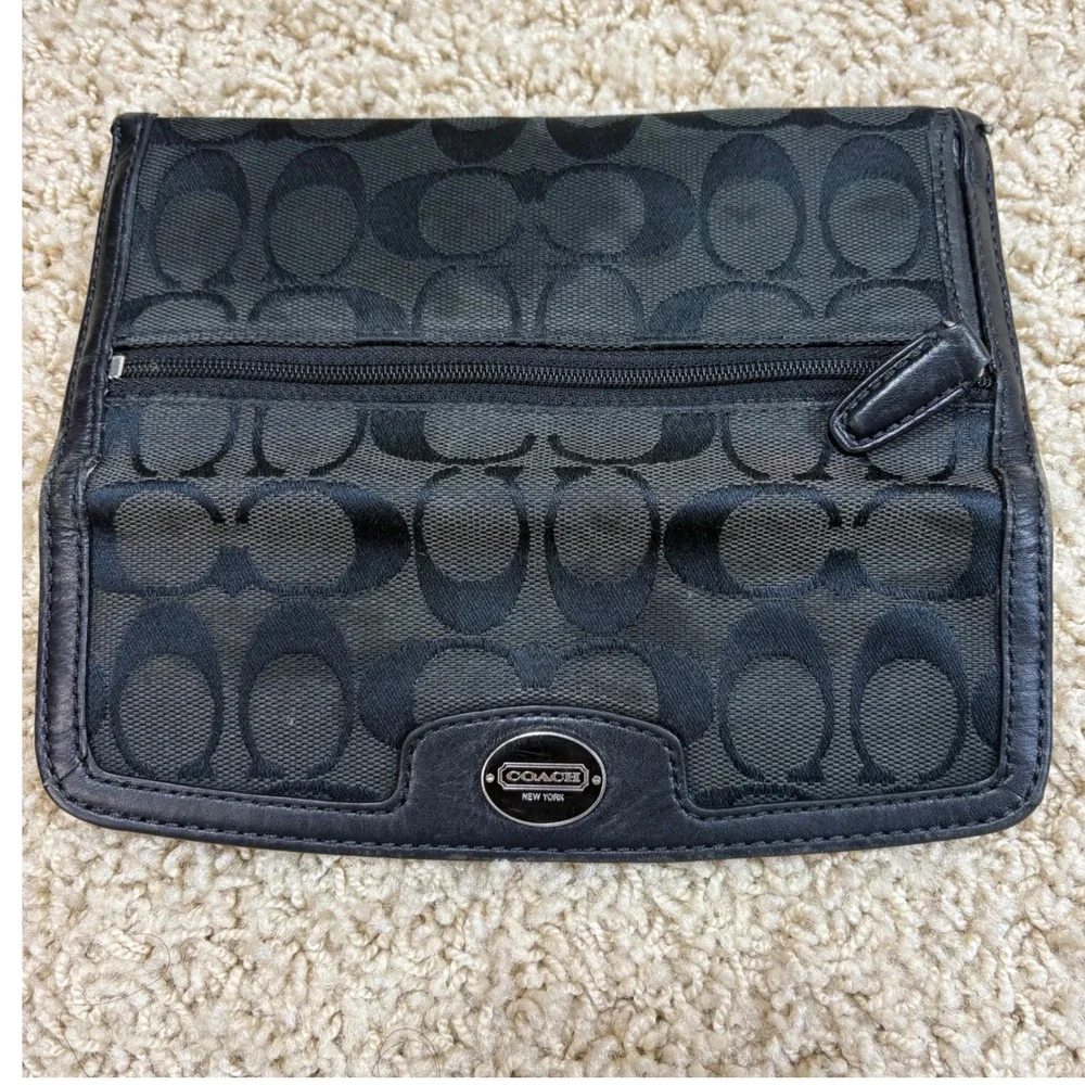 COACH Black Signature C Monogram‎ Leather Trim Trifold Wallet